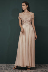 Pink Lace-up Off-the-shoulder Chiffon Formal Dress Online-Dbrbridal