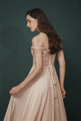 Pink Lace-up Off-the-shoulder Chiffon Formal Dress Online-Dbrbridal