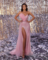 Pink Mermaid Prom Dress With Split Long Beads-Dbrbridal