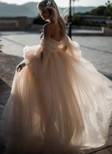 Pink Romantic Long Sleeves Off-The-Shoulder Wedding Dresses Lace-Dbrbridal