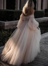 Pink Romantic Long Sleeves Off-The-Shoulder Wedding Dresses Lace-Dbrbridal