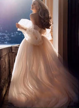 Pink Romantic Long Sleeves Off-The-Shoulder Wedding Dresses Lace-Dbrbridal