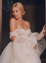 Pink Romantic Long Sleeves Off-The-Shoulder Wedding Dresses Lace-Dbrbridal