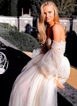 Pink Romantic Long Sleeves Off-The-Shoulder Wedding Dresses Lace-Dbrbridal