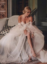 Pink Romantic Long Sleeves Off-The-Shoulder Wedding Dresses Lace-Dbrbridal