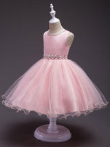 Pink Round Neck Sleeveless Tutu Dress Tulle Rhinestones Studded Girls Dinner Party Dresses-Dbrbridal