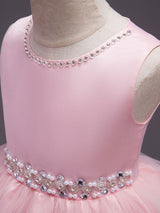 Pink Round Neck Sleeveless Tutu Dress Tulle Rhinestones Studded Girls Dinner Party Dresses-Dbrbridal