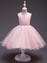 Pink Round Neck Sleeveless Tutu Dress Tulle Rhinestones Studded Girls Dinner Party Dresses-Dbrbridal
