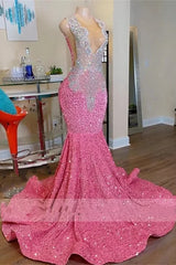 Pink Scoop Sleeveless Mermaid Prom Dresses With Sequins Beadings-Dbrbridal