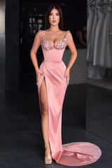 Pink Sequin Sleeveless Mermaid Prom Dress With Long High Slit-Dbrbridal