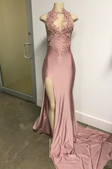 Pink Sleeveless Front Slit Appliques Long Mermaid Prom Dresses-Dbrbridal