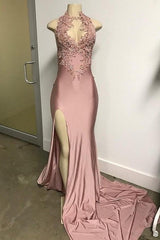 Pink Sleeveless Front Slit Appliques Long Mermaid Prom Dresses-Dbrbridal