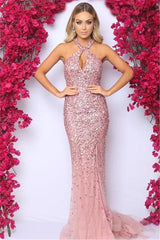 Pink Sleeveless Mermaid Evening Dresses Online Chic Crystals Split Formal Dresses-Dbrbridal