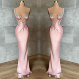 Pink Spaghetti-Straps Mermaid Prom Dresses Sleeveless With Appliques-Dbrbridal