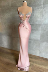 Pink Spaghetti-Straps Mermaid Prom Dresses Sleeveless With Appliques-Dbrbridal