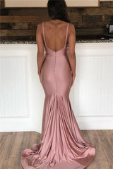 Pink Spaghetti-Straps V-Neck Backless Mermaid Prom Dresses-Dbrbridal