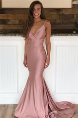Pink Spaghetti-Straps V-Neck Backless Mermaid Prom Dresses-Dbrbridal