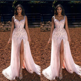 Pink Straps Long Prom Dress Mermaid Ruffles Ball Dresses Split Sweetheart-Dbrbridal