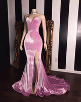Pink Velvet Sweetheart Prom Dresses Chic Split Mermaid Long Evening Gowns-Dbrbridal