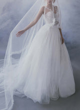 Pleated Tulle Long Sleeves Lace Princess Wedding Dresses V-Neck-Dbrbridal