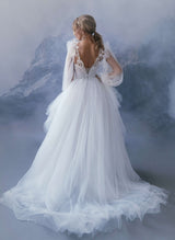 Pleated Tulle Long Sleeves Lace Princess Wedding Dresses V-Neck-Dbrbridal