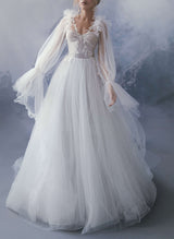 Pleated Tulle Long Sleeves Lace Princess Wedding Dresses V-Neck-Dbrbridal