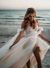 Pleated Tulle Off-The-Shoulder Chic A-line Wedding Dresses Split Front for the Summer Beach-Dbrbridal