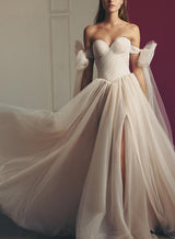 Pleated Tulle Off-The-Shoulder Chic A-line Wedding Dresses Split Front for the Summer Beach-Dbrbridal