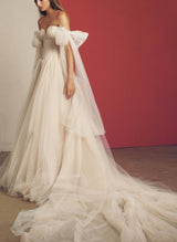 Pleated Tulle Off-The-Shoulder Chic A-line Wedding Dresses Split Front for the Summer Beach-Dbrbridal