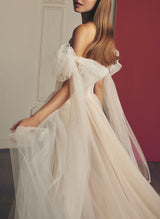 Pleated Tulle Off-The-Shoulder Chic A-line Wedding Dresses Split Front for the Summer Beach-Dbrbridal