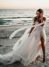 Pleated Tulle Off-The-Shoulder Chic A-line Wedding Dresses Split Front for the Summer Beach-Dbrbridal