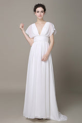 Plunging Chiffon Beach Wedding Dress A-Line Ivory Chic V-Neck Pleated Belt Short Sleeves Bridal Dress With Court Train Exclusive-Dbrbridal
