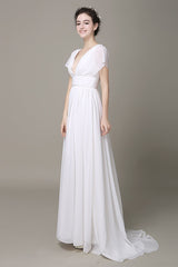 Plunging Chiffon Beach Wedding Dress A-Line Ivory Chic V-Neck Pleated Belt Short Sleeves Bridal Dress With Court Train Exclusive-Dbrbridal