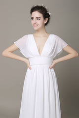Plunging Chiffon Beach Wedding Dress A-Line Ivory Chic V-Neck Pleated Belt Short Sleeves Bridal Dress With Court Train Exclusive-Dbrbridal