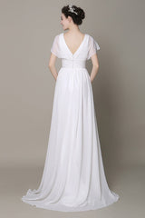 Plunging Chiffon Beach Wedding Dress A-Line Ivory Chic V-Neck Pleated Belt Short Sleeves Bridal Dress With Court Train Exclusive-Dbrbridal