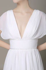 Plunging Chiffon Beach Wedding Dress A-Line Ivory Chic V-Neck Pleated Belt Short Sleeves Bridal Dress With Court Train Exclusive-Dbrbridal