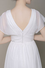 Plunging Chiffon Beach Wedding Dress A-Line Ivory Chic V-Neck Pleated Belt Short Sleeves Bridal Dress With Court Train Exclusive-Dbrbridal