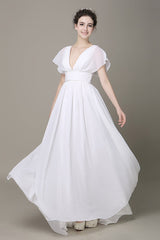 Plunging Chiffon Beach Wedding Dress A-Line Ivory Chic V-Neck Pleated Belt Short Sleeves Bridal Dress With Court Train Exclusive-Dbrbridal