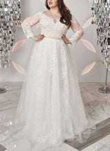 Plus Size Lace Long Sleeves Chic A-line Wedding Dresses Illusion Neck-Dbrbridal