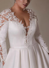 Plus Size Satin Ball-Gown Wedding Dresses Plunge Long Sleeves Appliques Lace-Dbrbridal