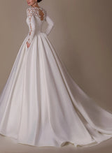 Plus Size Satin Ball-Gown Wedding Dresses Plunge Long Sleeves Appliques Lace-Dbrbridal