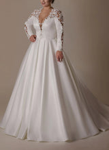 Plus Size Satin Ball-Gown Wedding Dresses Plunge Long Sleeves Appliques Lace-Dbrbridal
