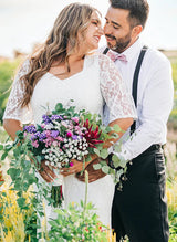 Plus Size Sheath Fitted V-Neck Half Sleeves Sweep Train Lace Wedding Dresses-Dbrbridal