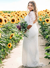 Plus Size Sheath Fitted V-Neck Half Sleeves Sweep Train Lace Wedding Dresses-Dbrbridal