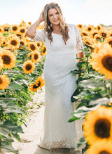 Plus Size Sheath Fitted V-Neck Half Sleeves Sweep Train Lace Wedding Dresses-Dbrbridal