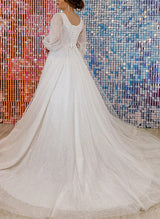 Plus Size Sparkly Ball Gown Wedding Dresses V-Neck Long Sleeves-Dbrbridal