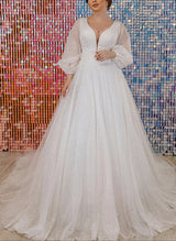 Plus Size Sparkly Ball Gown Wedding Dresses V-Neck Long Sleeves-Dbrbridal