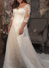 Plus Size V-Neck 3 4 Sleeves Lace Wedding Dresses Sweep Train-Dbrbridal