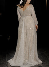 Plus Size Wedding Dress Sparkly Long Sleeves-Dbrbridal