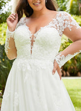 Plus Size Wedding Dresses Appliques Lace Ball-Gown V-neck Sweep Train-Dbrbridal